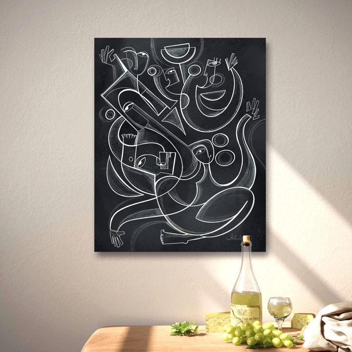 Framed original art titled "Shadow Dancers" by SoulCurryArt, showcasing abstract dance figures in black and white on a 16x20 inch canvas.