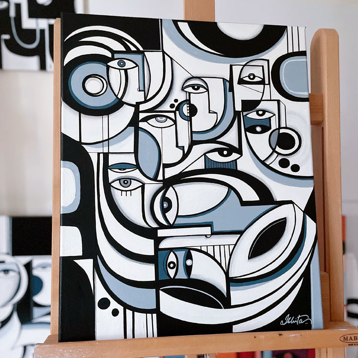 Framed original art titled Grey Matter by SoulCurryArt, featuring abstract grey and black ink patterns on a 16x20 inch canvas.