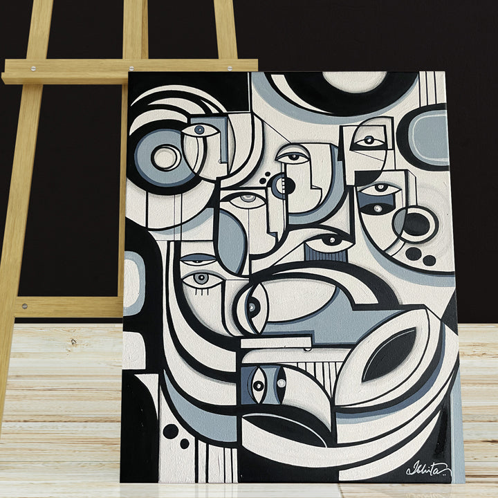 Framed original art titled Grey Matter by SoulCurryArt, measuring 16x20 inches, featuring abstract grey-toned artwork.