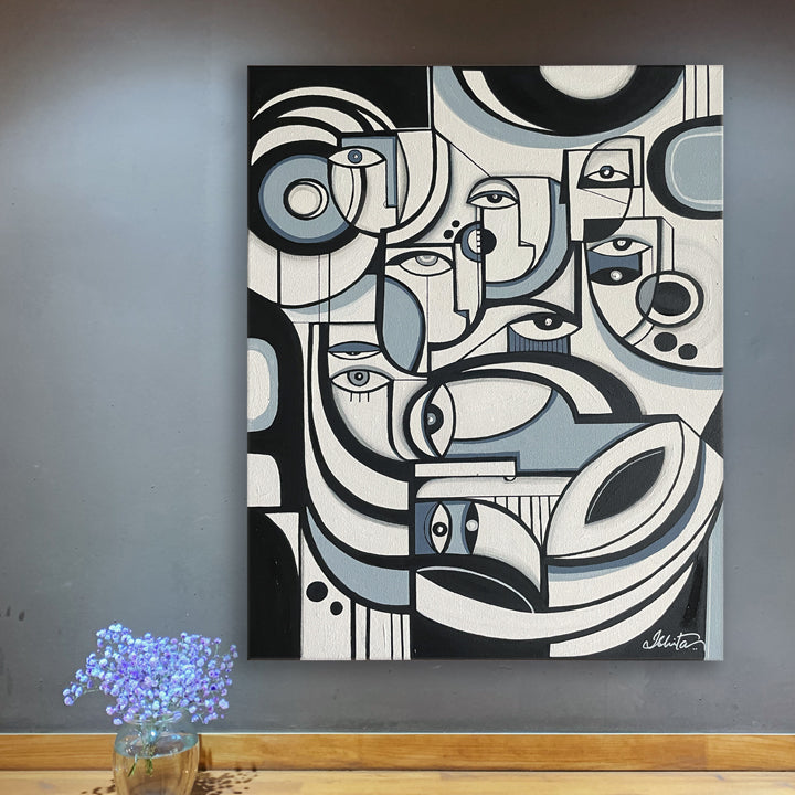 Framed original art titled Grey Matter by SoulCurryArt featuring abstract grey and black brushstrokes on a 16x20 inch canvas.