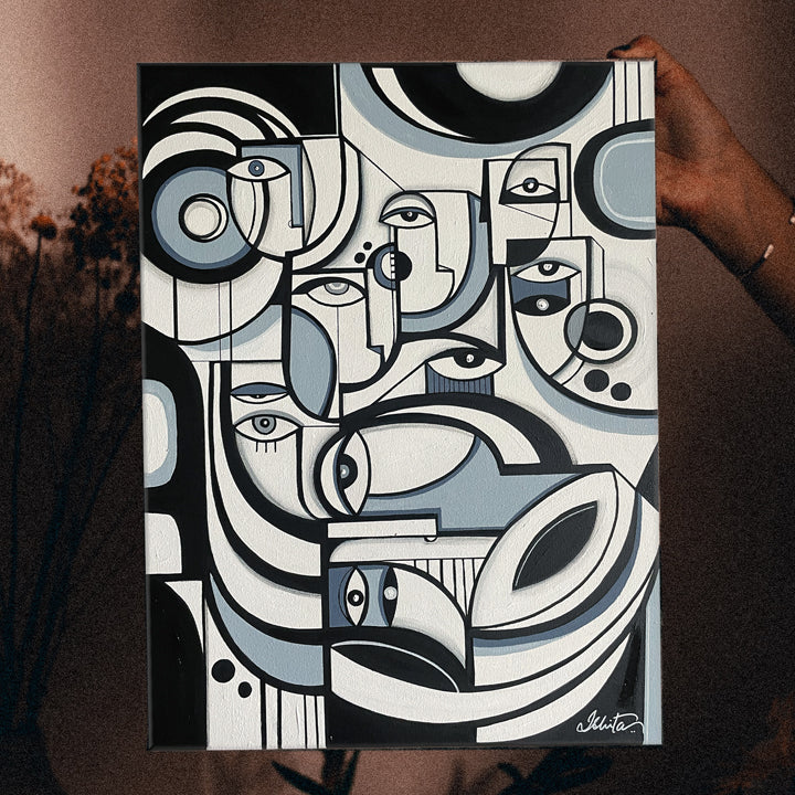 Framed original art titled "Grey Matter" by SoulCurryArt, featuring abstract grey and black tones on a 16x20 inch canvas.