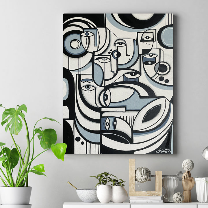 Framed original art titled "Grey Matter" by SoulCurryArt, featuring abstract grey tones on a 16x20 inch canvas.
