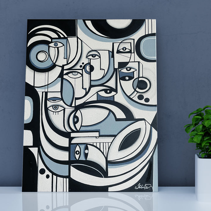 Framed original art titled Grey Matter by SoulCurryArt, 16x20 inches, featuring abstract grey-toned shapes and textures.