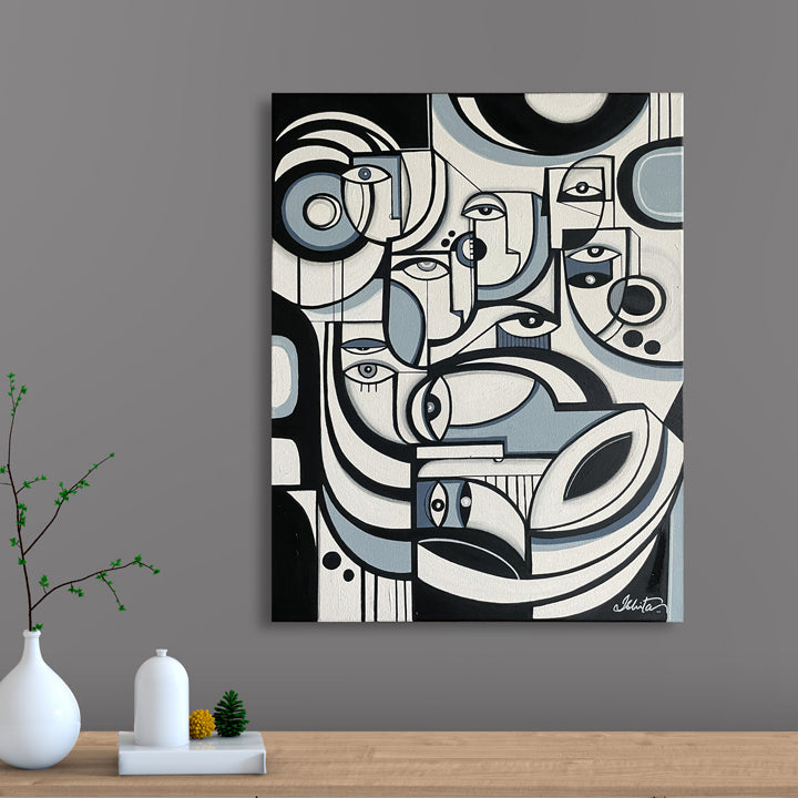 Framed original art titled Grey Matter by SoulCurryArt, featuring abstract grey-toned design on 16x20 inch canvas.