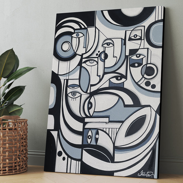 Framed original art titled Grey Matter by SoulCurryArt, showcasing abstract grey tones on a 16x20 inch canvas.