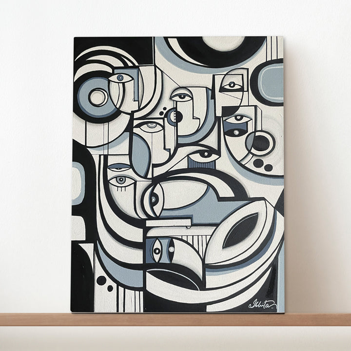 Framed 16x20 original art titled Grey Matter by SoulCurryArt, featuring abstract grey and black ink design on textured paper.