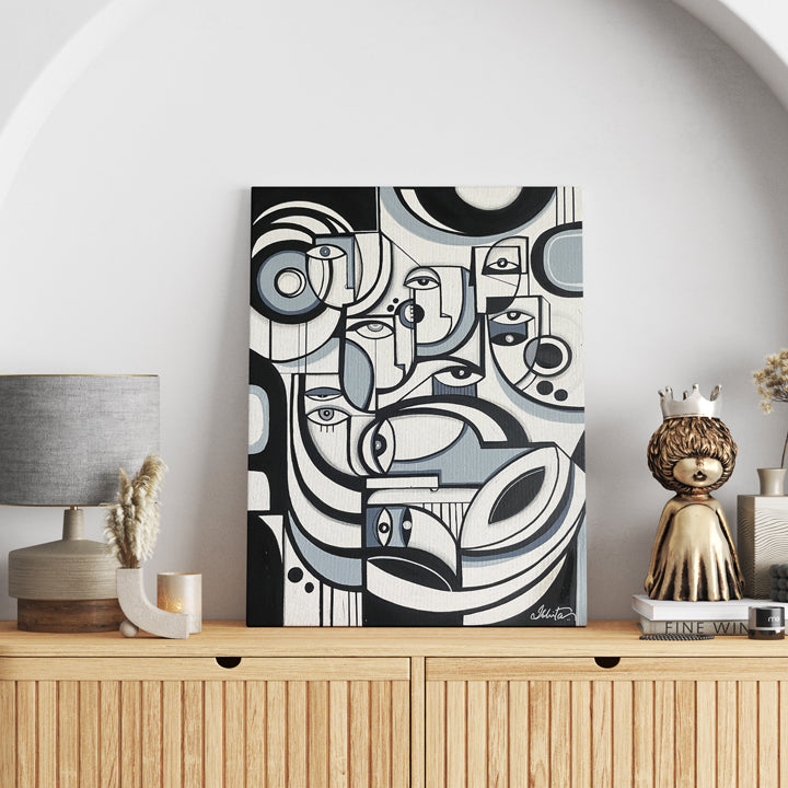 Framed original art titled Grey Matter by SoulCurryArt, 16x20 inches, featuring abstract grey and black tones on canvas.