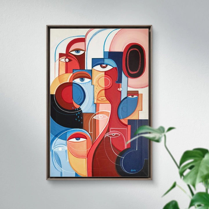 Framed original art titled "Heat" by soulcurryart, featuring vibrant colors and abstract design on a 24x36 inch canvas.