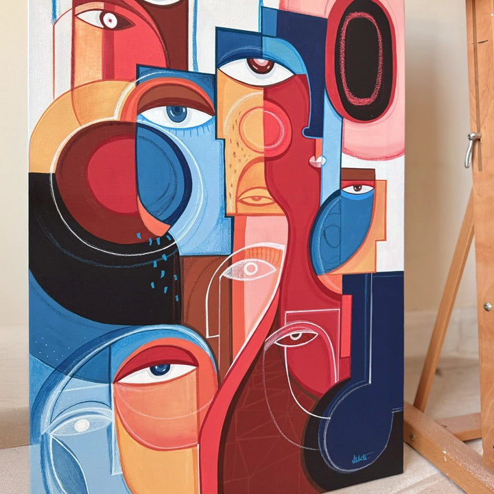 Framed original art titled "Heat" by soulcurryart, 24x36 inches, vibrant abstract design on display.