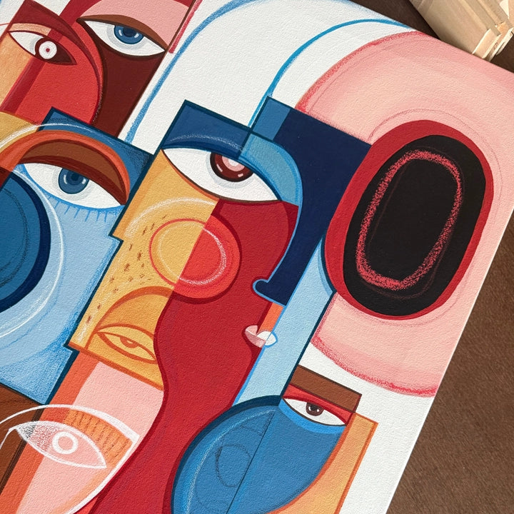 Framed original art titled "Heat" by soulcurryart, 24x36 inches, featuring vibrant abstract colors and dynamic brushstrokes.