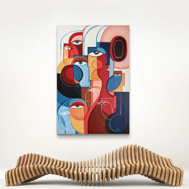 Framed original art titled "Heat" by soulcurryart, showcasing vibrant colors and abstract design on 24x36 inch canvas.