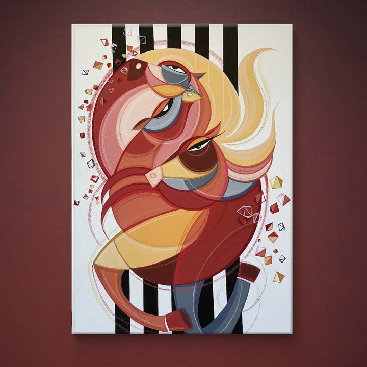 Framed original art titled "Wild Winds" by soulcurryart, featuring vibrant abstract design on 24x36 inch canvas.