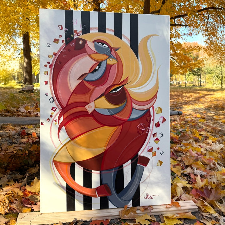 Framed original art titled "Wild Winds" by soulcurryart, featuring dynamic abstract landscape in vibrant colors, 24x36 inches.