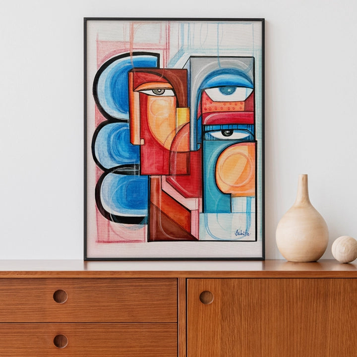 Framed original art painting titled Flesh And Flame by SoulCurryArt, showcasing vibrant colors and abstract flame design.