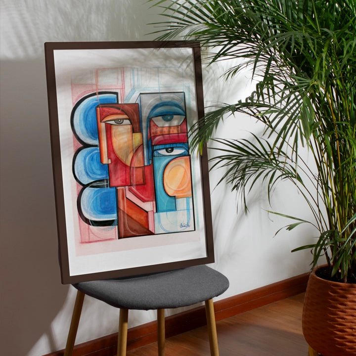 Framed original art painting titled Flesh And Flame by SoulCurryArt, featuring vibrant fiery colors and abstract design.