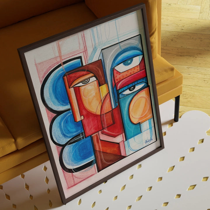 Original framed art painting titled Flesh And Flame by SoulCurryArt, featuring vibrant fiery abstract imagery in a 20.5 x 17 inch frame.