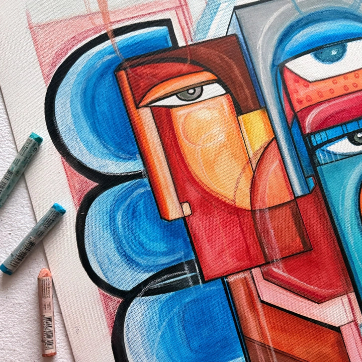 Framed original art titled "Flesh And Flame" by SoulCurryArt featuring vibrant abstract flames on canvas.