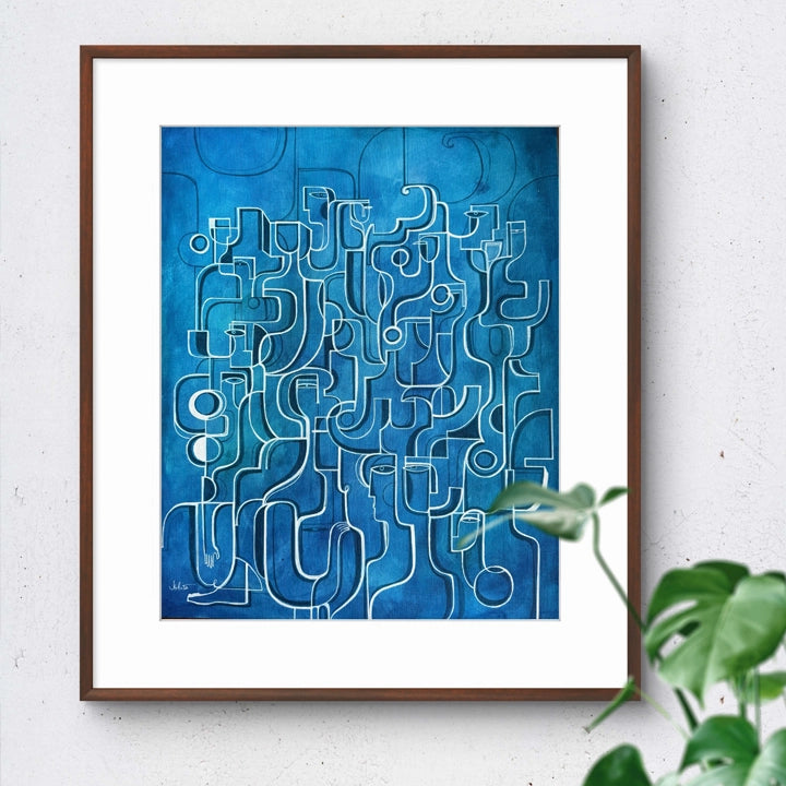 Blue Rising original cubist painting by SoulCurryArt featuring abstract geometric shapes in shades of blue.