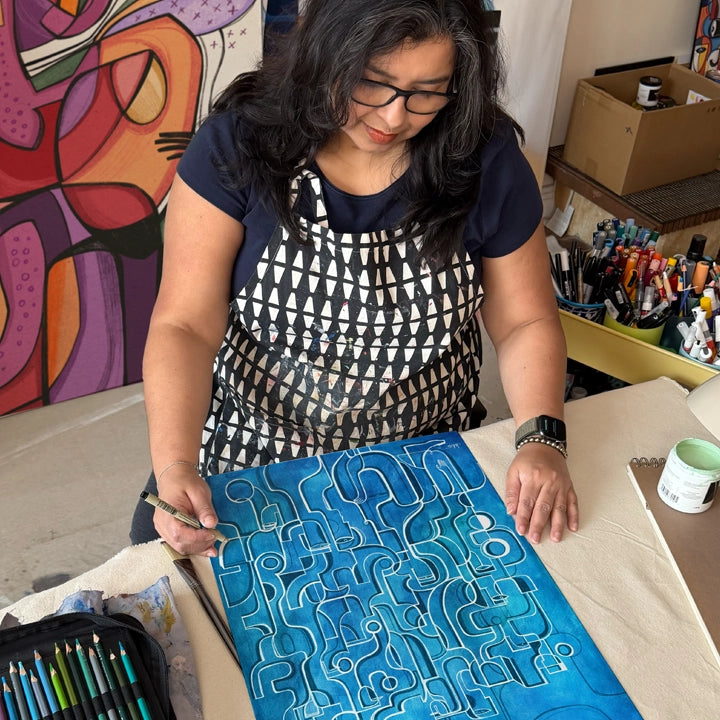Blue Rising original Cubist painting by SoulCurryArt featuring vibrant geometric shapes and abstract art design.