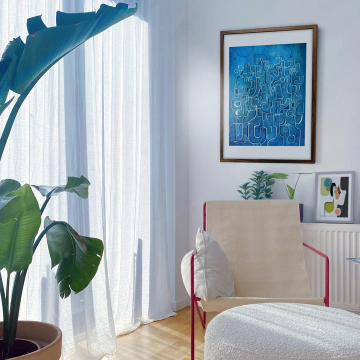 Blue Rising original cubist painting by SoulCurryArt, abstract artwork featuring geometric shapes and vibrant blue tones.