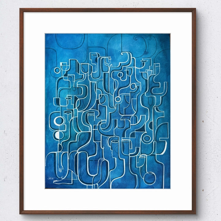 Blue Rising original cubist painting by SoulCurryArt featuring abstract geometric shapes and vibrant blue tones.