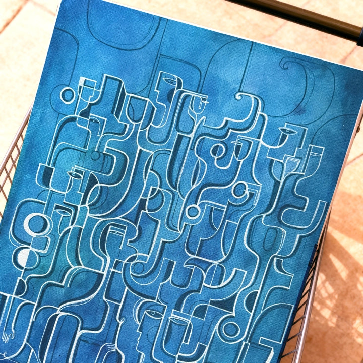 Blue Rising original cubist painting by SoulCurryArt featuring vibrant geometric abstract art.