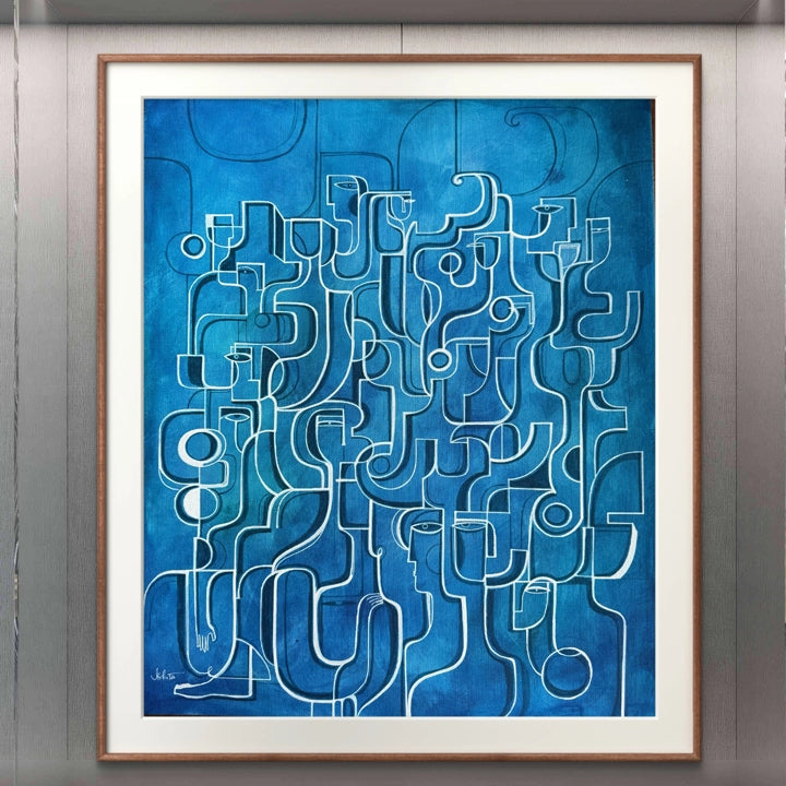 Blue Rising original Cubist painting by SoulCurryArt featuring abstract geometric shapes and vibrant blue tones.