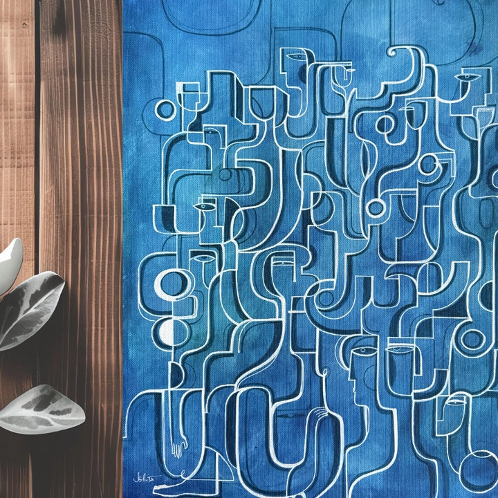 Blue Rising original cubist painting by SoulCurryArt featuring abstract geometric shapes and vibrant blue hues.