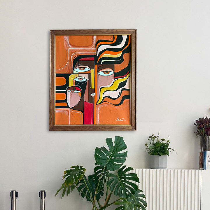 Framed original art titled "Wild Within" by SoulCurryArt, featuring vibrant abstract painting with bold colors and dynamic brushstrokes.