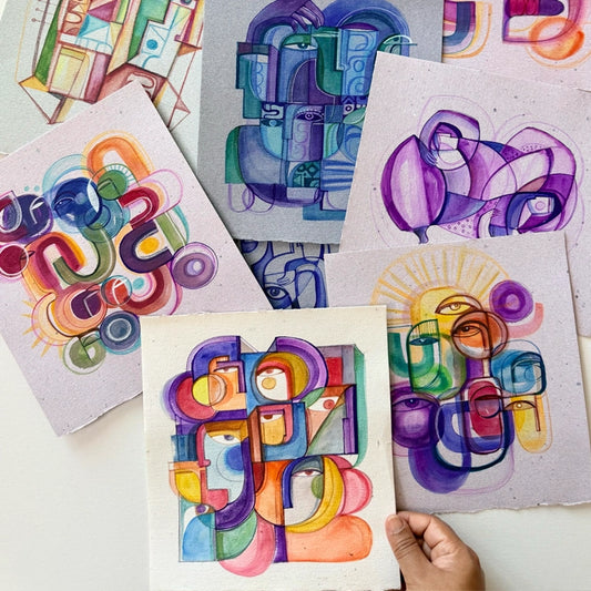 Colorful ink and watercolor original painting on paper by SoulCurryArt, showcasing vibrant abstract art in a unique style.