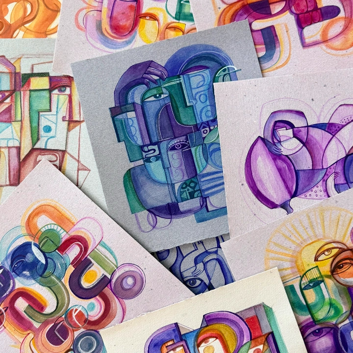 Colorful watercolor and ink original paintings on paper by SoulCurryArt, showcasing vibrant abstract art pieces.