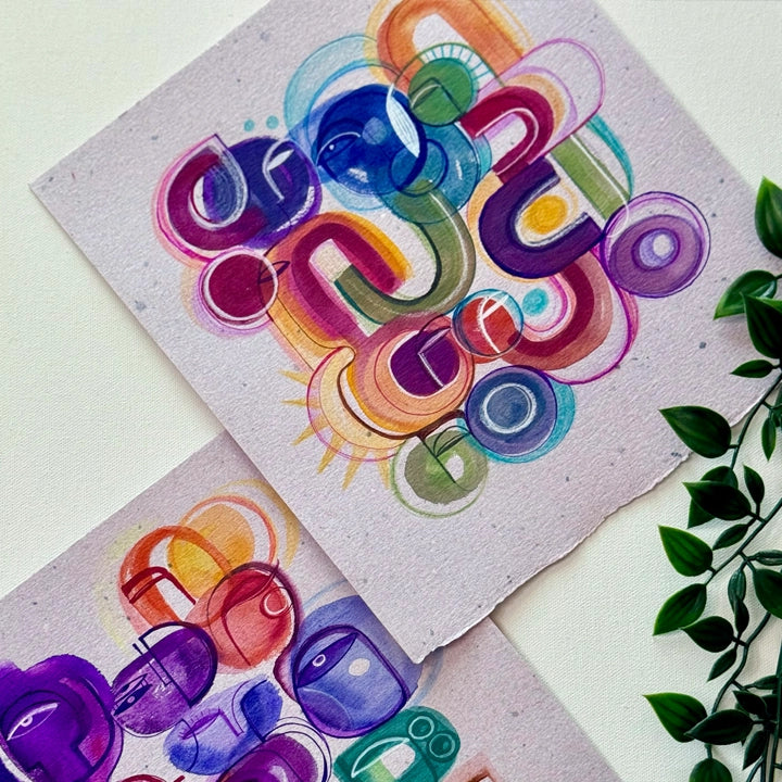 Colorful ink and watercolor original painting on paper by SoulCurryArt, showcasing vibrant abstract art in bright hues.