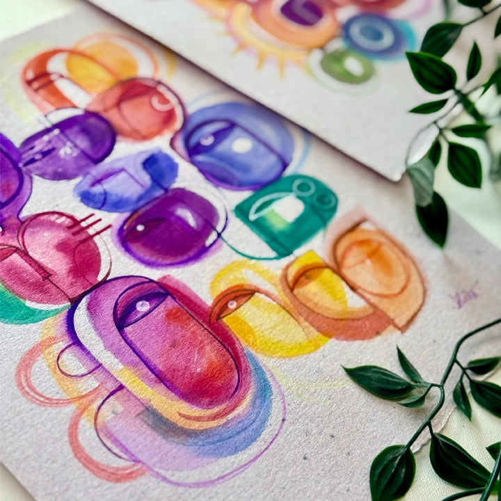 Colorful ink and watercolor original painting on paper by SoulCurryArt, vibrant abstract artwork from 2026.