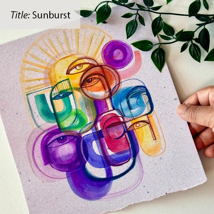 Colorful ink and watercolor original paintings on paper by SoulCurryArt, showcasing vibrant abstract art in a mixed media style.