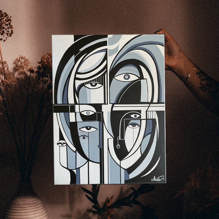 Original SoulCurryArt painting titled Parallel Fragments featuring abstract geometric shapes and vibrant colors.