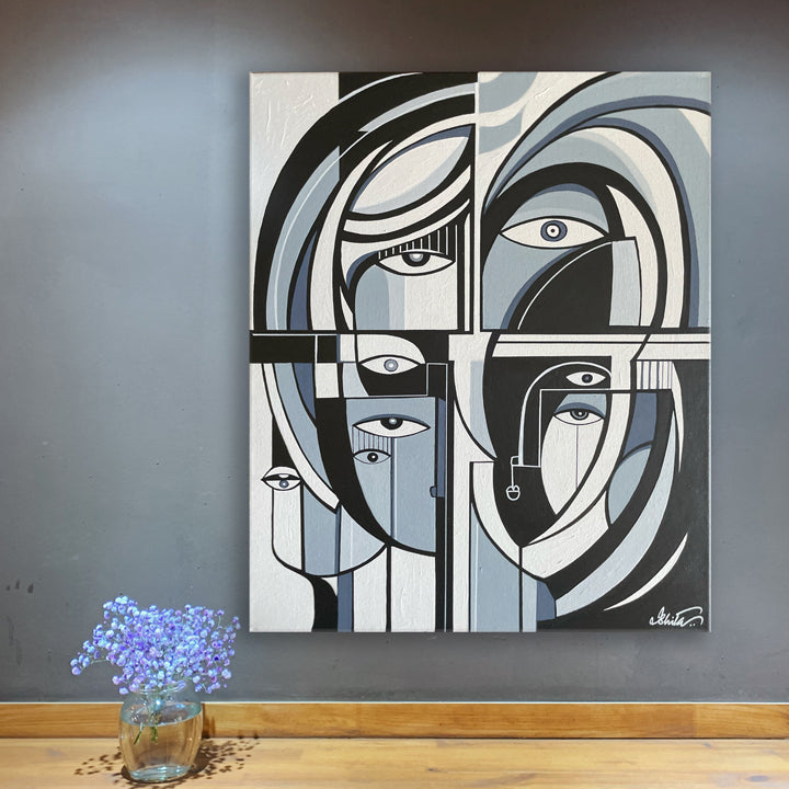 Original art painting titled Parallel Fragments by SoulCurryArt featuring abstract, colorful geometric shapes on canvas.