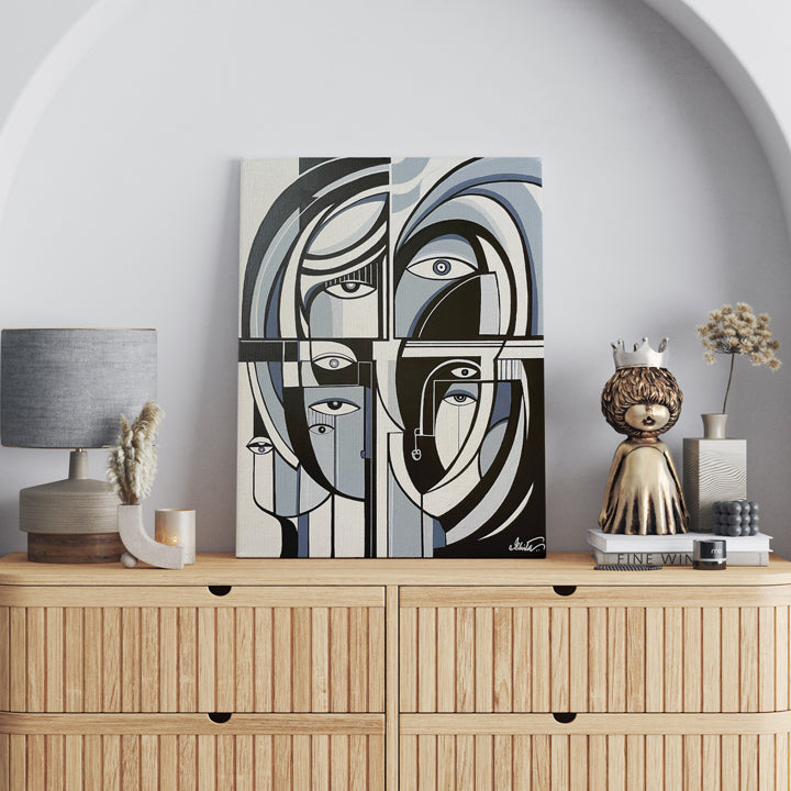 Original abstract painting titled Parallel Fragments by SoulCurryArt, featuring vibrant geometric shapes and dynamic color contrasts.