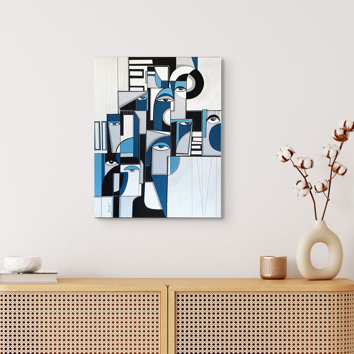 Original art painting titled "Structured" by soulcurryart, featuring abstract shapes and textured brushstrokes in vibrant colors.