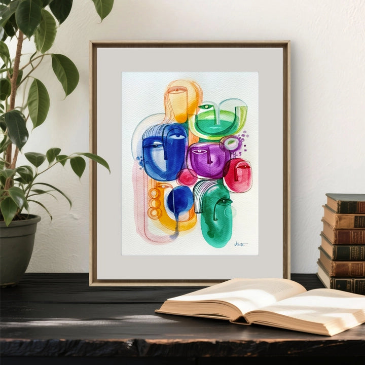 Original art print titled "Facets of the Lake" by SoulCurryArt, featuring a vibrant, abstract lakeside scene with rich colors.