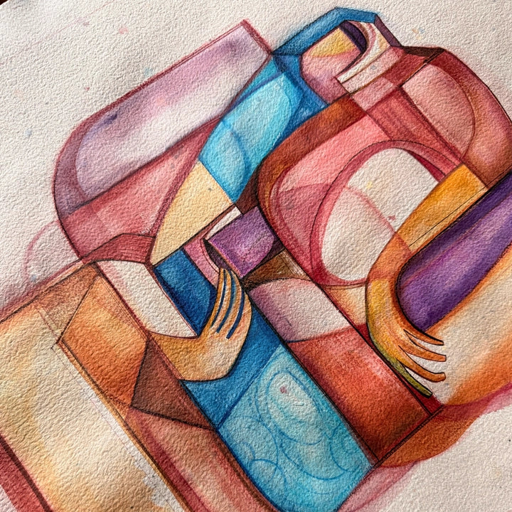 Folded Self original Cubist painting on handmade paper by SoulCurryArt, showcasing abstract geometric shapes and vibrant colors.