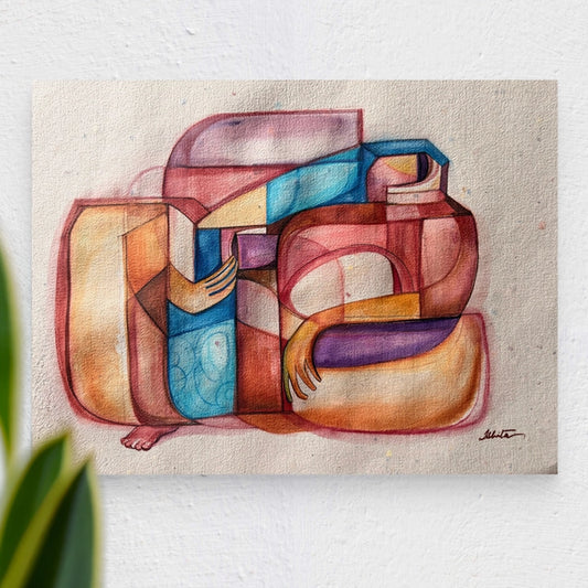 Folded Self cubist original art by SoulCurryArt on handmade paper, featuring abstract geometric shapes and vibrant colors.