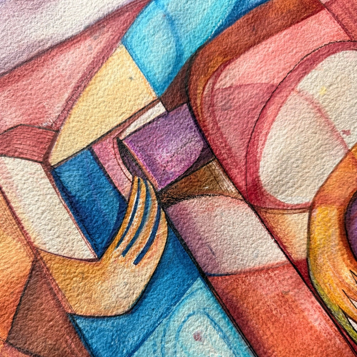 Folded self-portrait, original Cubist painting on handmade paper by SoulCurryArt, showcasing abstract geometric shapes and vibrant colors.