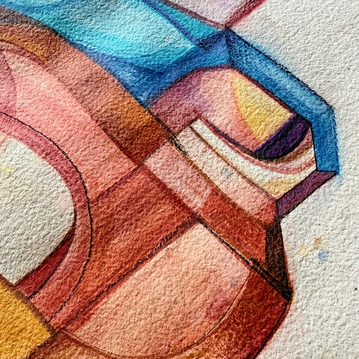 Folded Self original Cubist painting by SoulCurryArt on handmade paper, featuring abstract geometric shapes and vibrant colors.