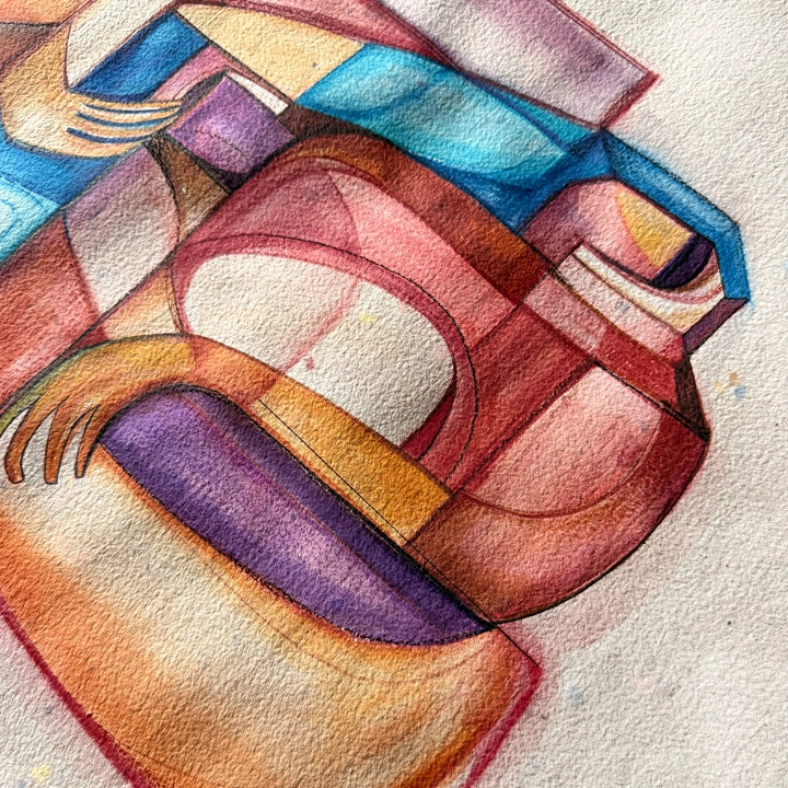 Folded Self Cubist painting on handmade paper by SoulCurryArt, showcasing abstract geometric art in vibrant colors.