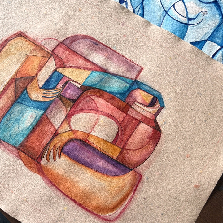 Folded Self original Cubist painting by SoulCurryArt on handmade paper, showcasing abstract geometric shapes and vibrant colors.