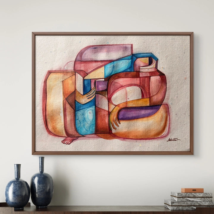 Folded self-portrait cubist painting on handmade paper by SoulCurryArt, showcasing geometric shapes and vibrant colors.