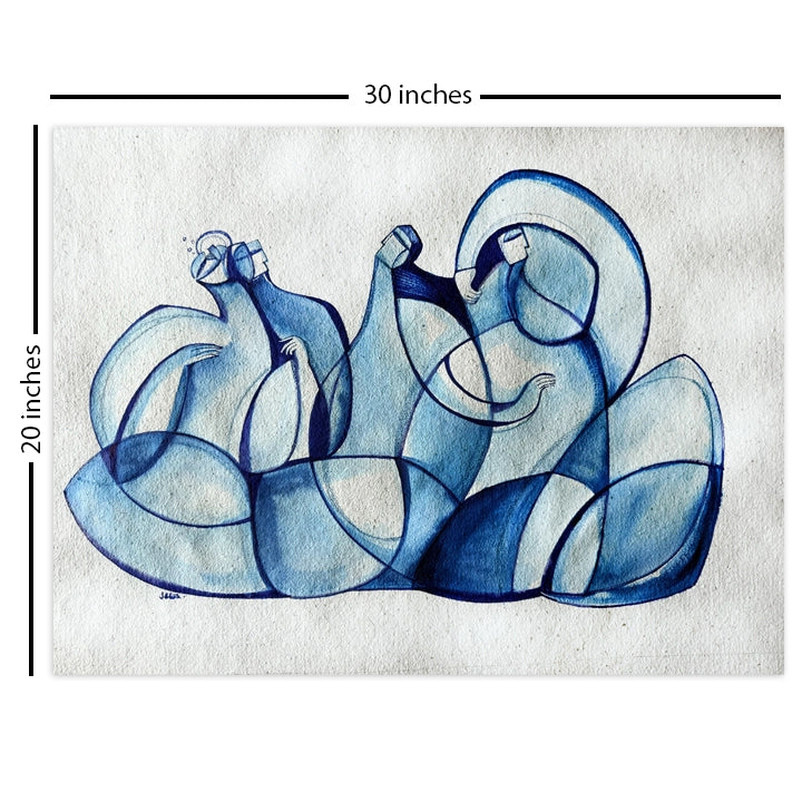 Original Cubist painting titled "In Conversation" on handmade paper by SoulCurryArt, showcasing abstract geometric art style.