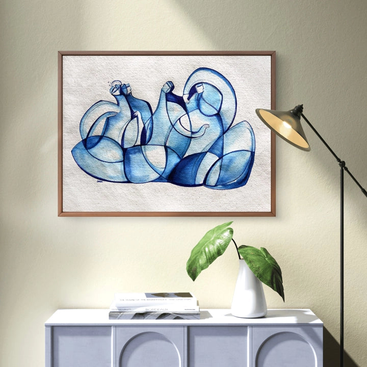 Original Cubist painting titled "In Conversation" on handmade paper by SoulCurryArt, featuring abstract geometric shapes and vibrant colors.