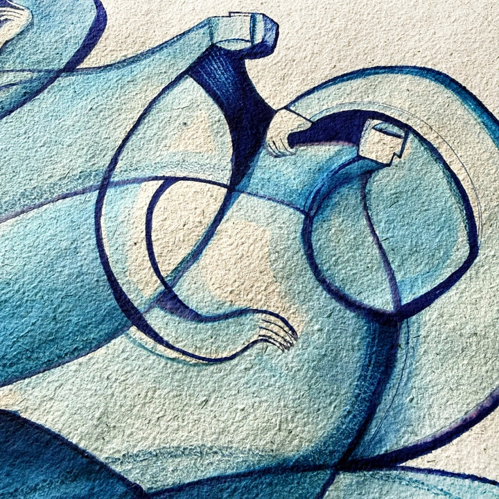 Original Cubist painting titled "In Conversation" by SoulCurryArt on handmade paper, showcasing vibrant geometric abstract art.