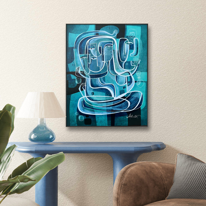 Vibrant turquoise pathways in abstract original art by SoulCurryArt, showcasing flowing lines and vivid colors on canvas.